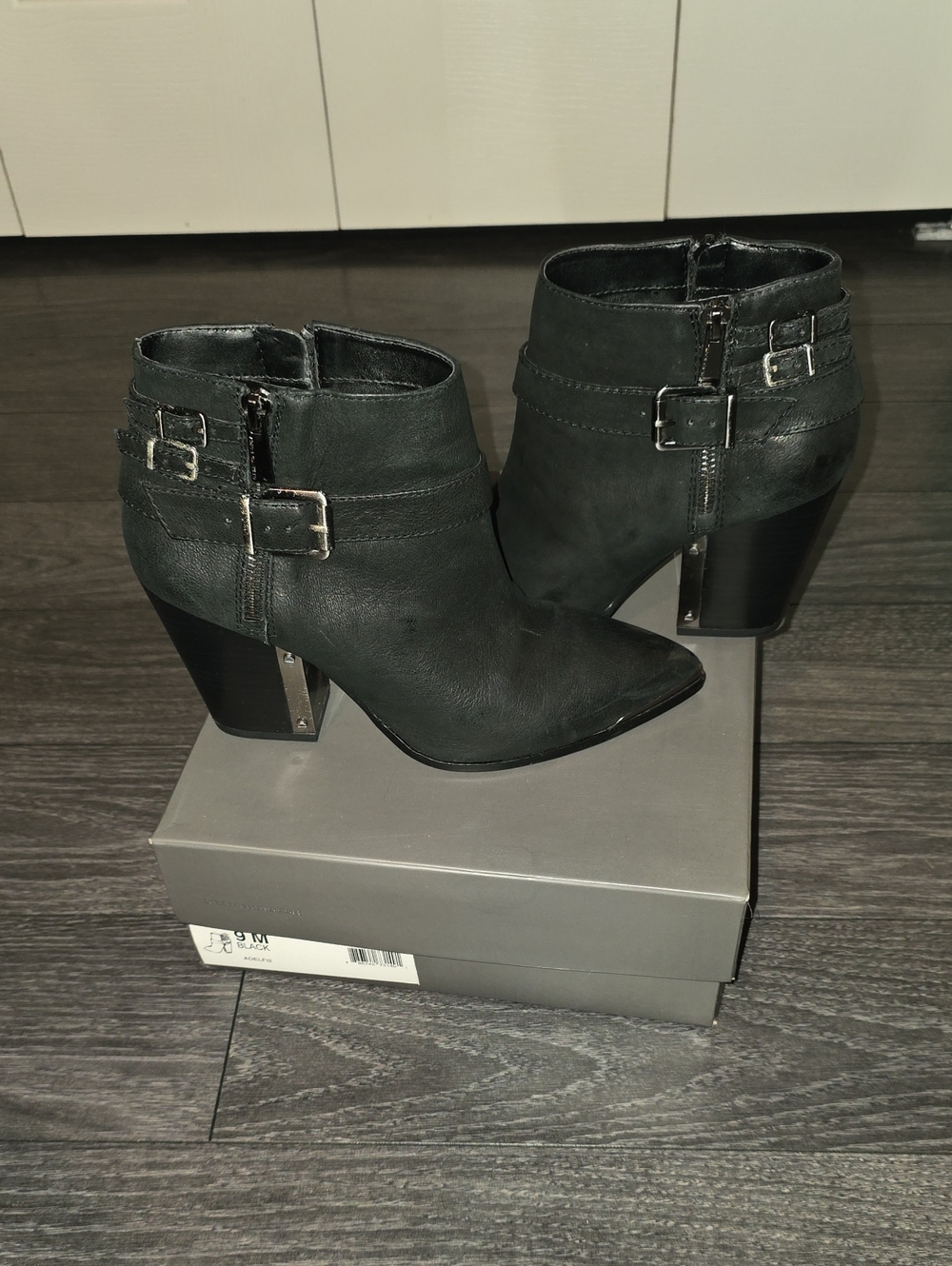 Vince Camuto Black Pointed Toe Ankle Booties with Buckle Straps